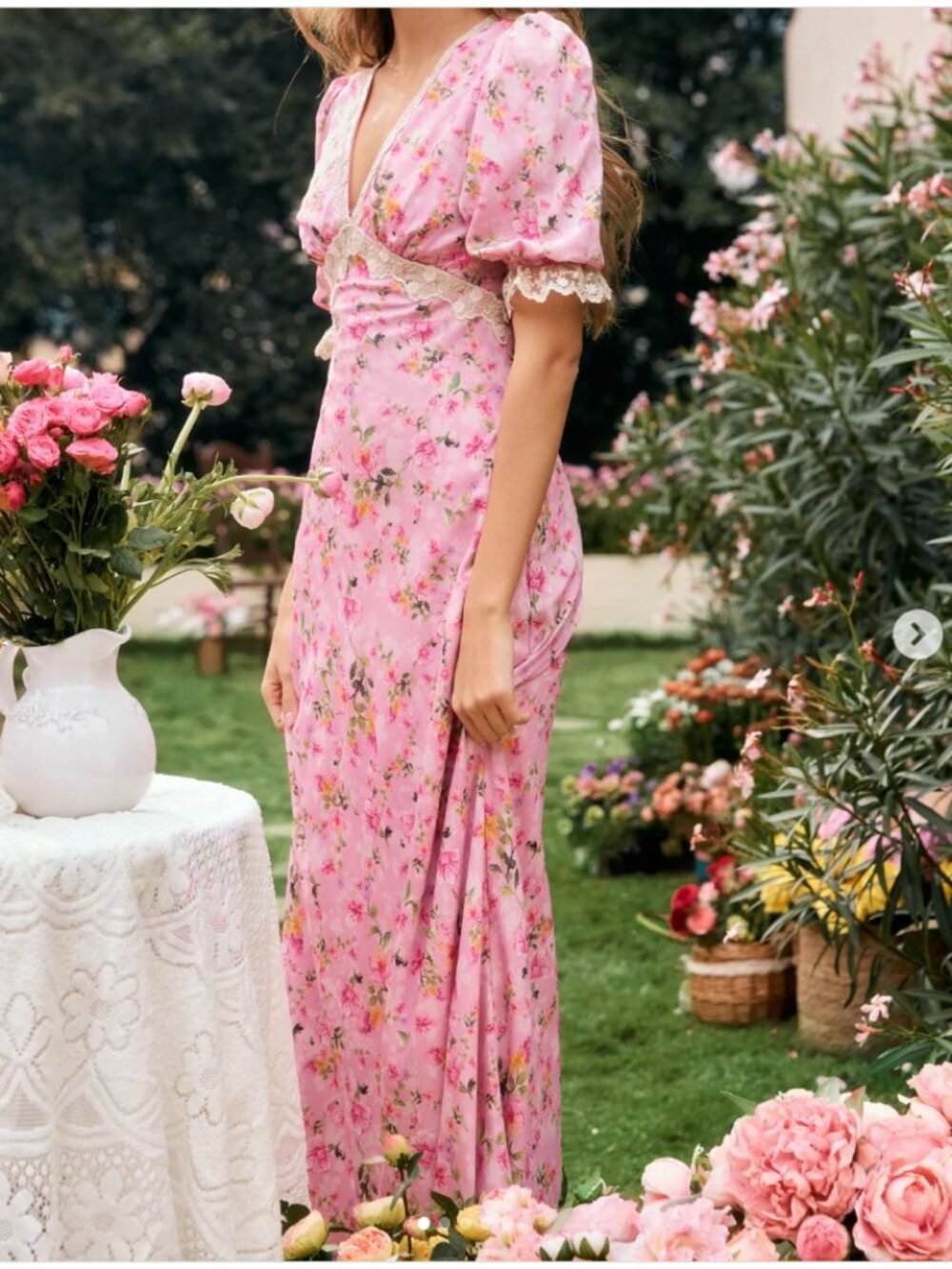 EUC Lait Collection Pink Floral Lace-Trim Midi Slip Dress Coquette Garden M